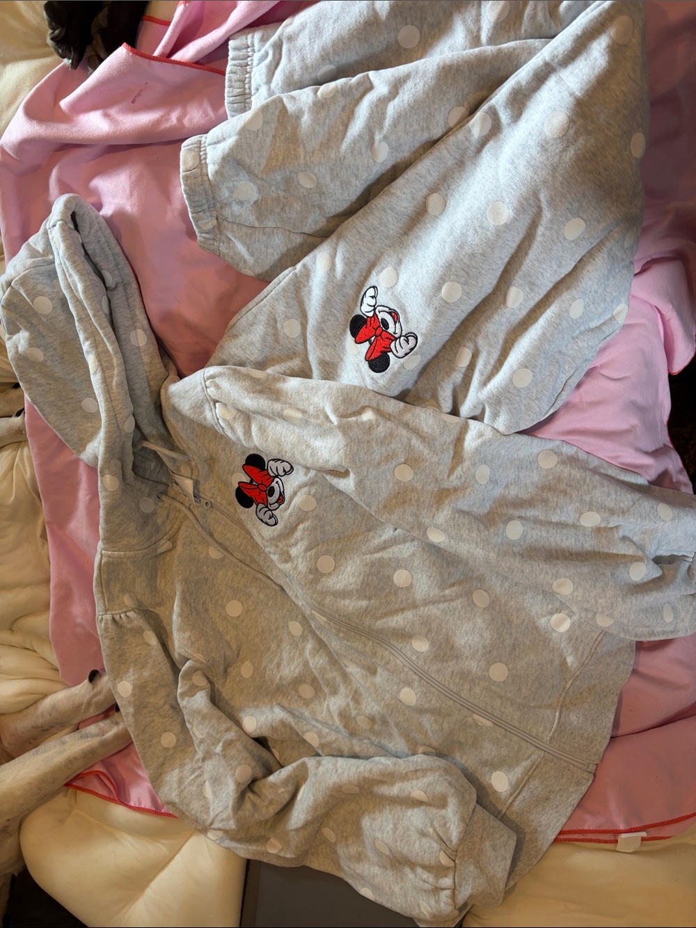 Adult L Disney Grey Polka Dot Minnie Mouse Sweatsuit Loungewear NWOT